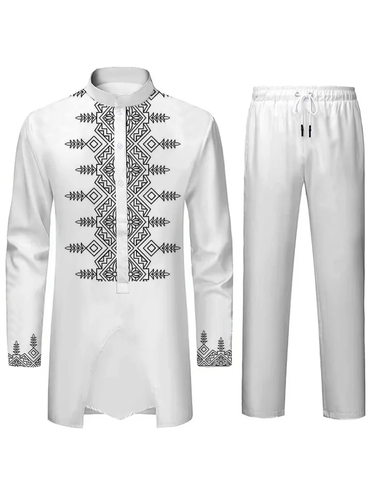 Middle East Style Suit Muslim Robe 3D Printed Pattern Arab Men\'s Loose Breathable Two Piece Suit Fashion Casual Menswear