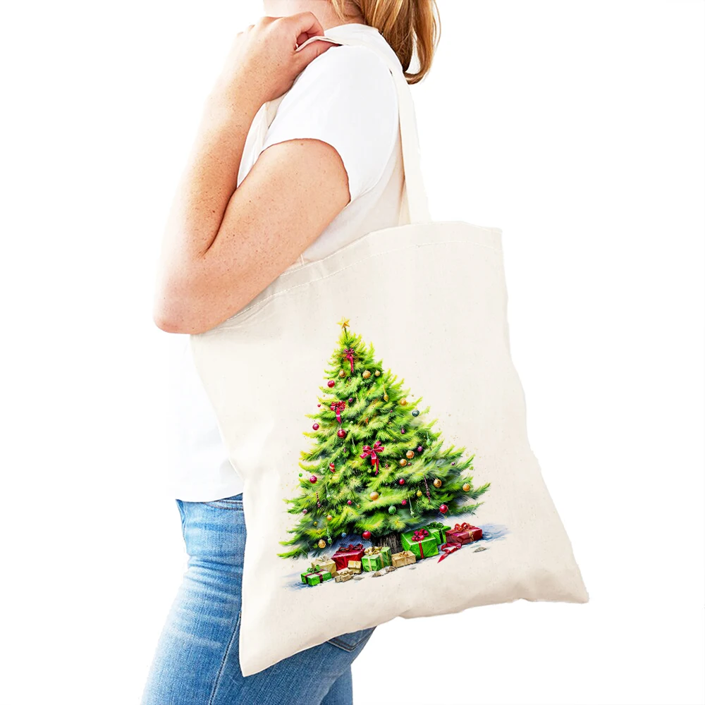 Joyeux Noël Cartoon Arbres Sacs à provisions pour femmes, Père Noël, Double impression, Sac à provisions, Cadeau pour enfants, Lady Tote, Sac à main initié