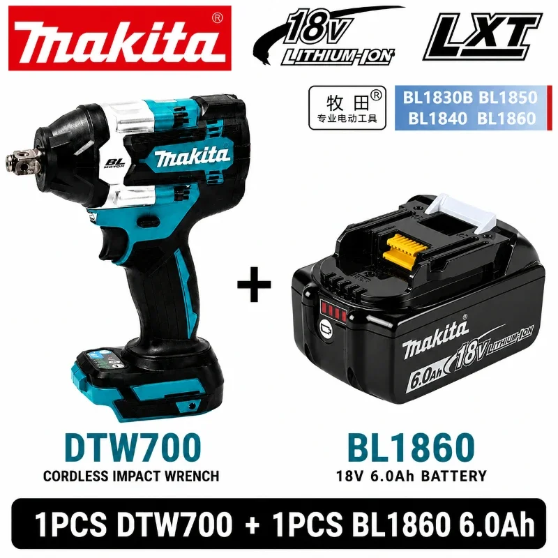 Makita DTW700 1000 N.M Drehmoment bürstenloser elektrischer Schlagschrauber, kabelloser elektrischer Bohrer, 1/2-Zoll-Schraubenschlüssel, Elektrowerkzeuge für 18-V-Akku
