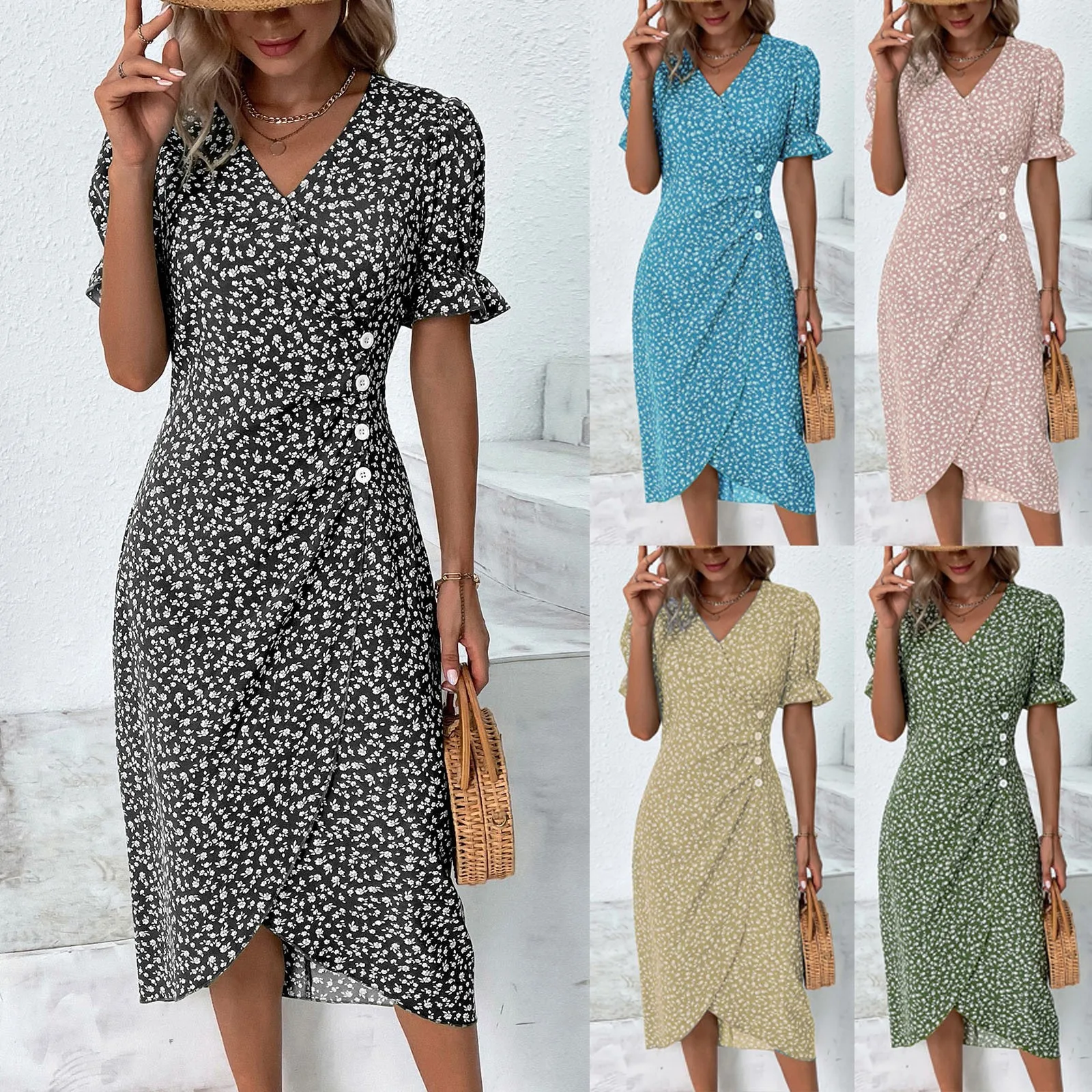 Elegant Floral Pleated H shaped Midi Dress Female V Neck Puff Sleeve Waist Ruched Button Dresses Women Summer Dress Robe