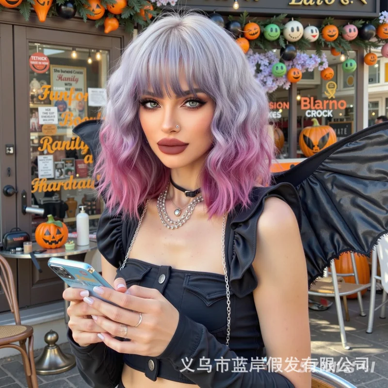 Halloween cosplay colorful short curly for women, full head set, dreamy purple bob synthetic hair wig