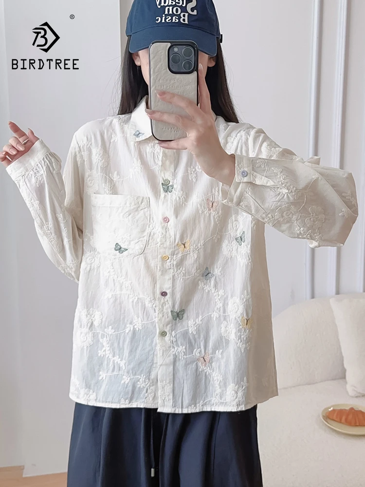 

Новинка 2025, осенняя хлопковая рубашка с длинными рукавами, женская вышивка бабочкой с лацканами, шикарная свободная блузка Mori Girl для французских поездок на работу T59621CC