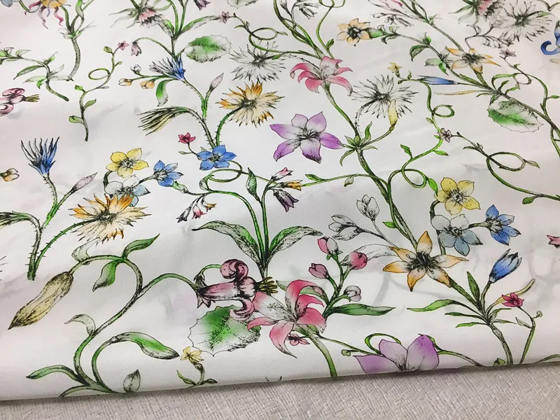 1 meter 100% Mulberry Silk 16 momme Crepe Silk Fabric White with Floral Printed 138cm 54\