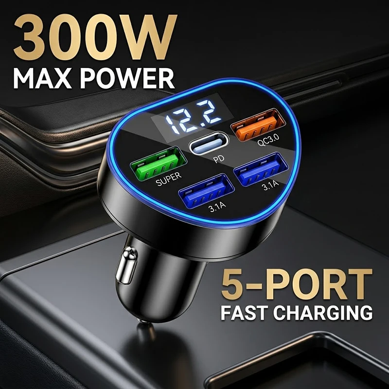 Cargador de Coche de 5 Puertos con Pantalla LED de Voltaje, Adaptador de Carga Rápida PD y QC3.0, Cargador Automático Estable para Múltiples Dispositivos para iPhone 17