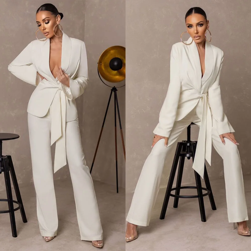 

Fashion Shawl Lapel Women Blazer Suits Custom Made Loose Sexy Elegant V Neck Jacket With Belt Daily Casual Wide Leg Pants