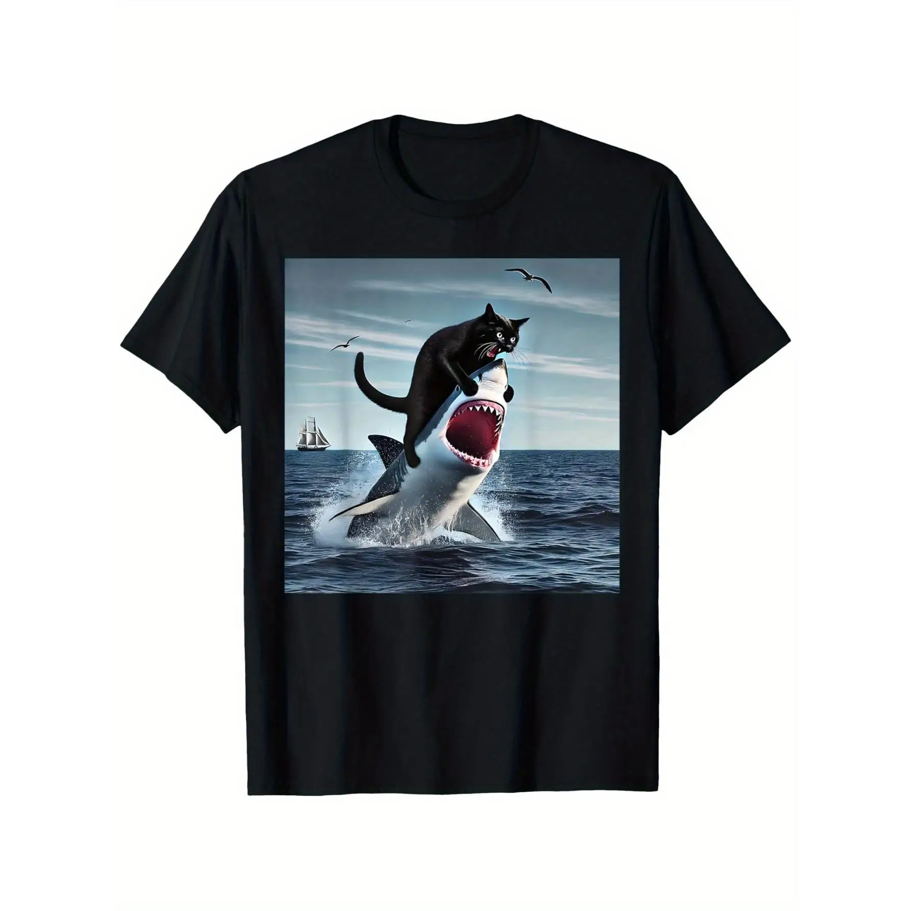 

Funny Cat Riding Shark T-shirt Men Women Humorous Kitty Graphic Tee Cool Shark Lover Gift for Pet Owners