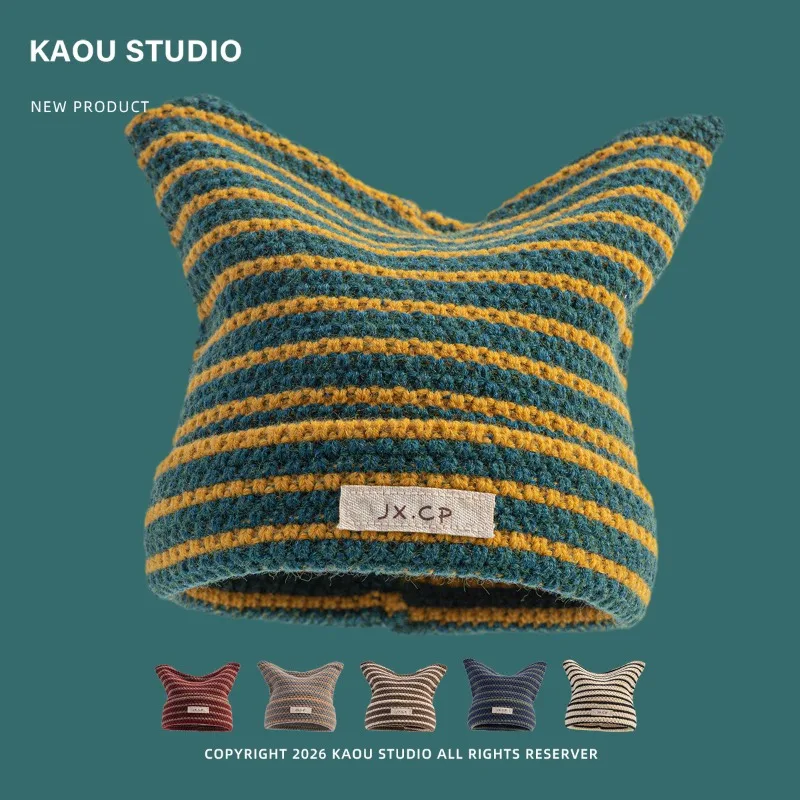 Japanische Dopamin-Mütze mit süßen Katzenohren, gestreift, gestrickt, mit Ohrenschutz und Wärmeisolierung, Y2k Skull Beanie für Männer und Frauen – Detail 1