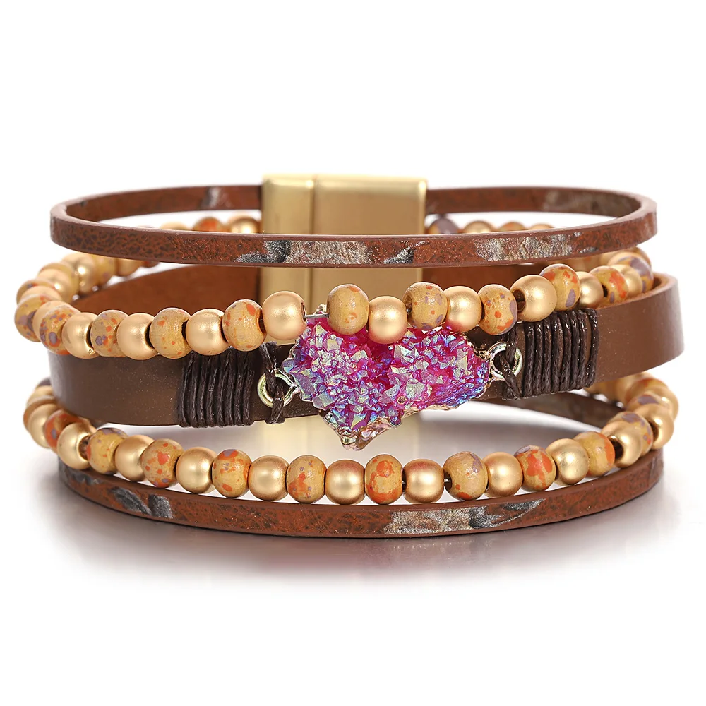 ALLYES Irregular Resin Stone Leather Bracelet for Women Vintage Bohemian Stone Beads Multilayer Wrap Bracelets Charm Jewelry