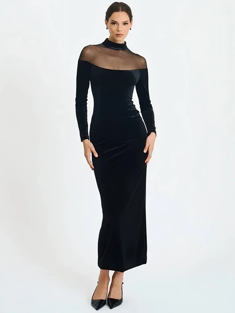 Sheer Off-schulter Langarm Sexy Maxi Kleid Frauen Kleid Elegante Halb Hohen Kragen Backless Bodycon Club Party Kleider