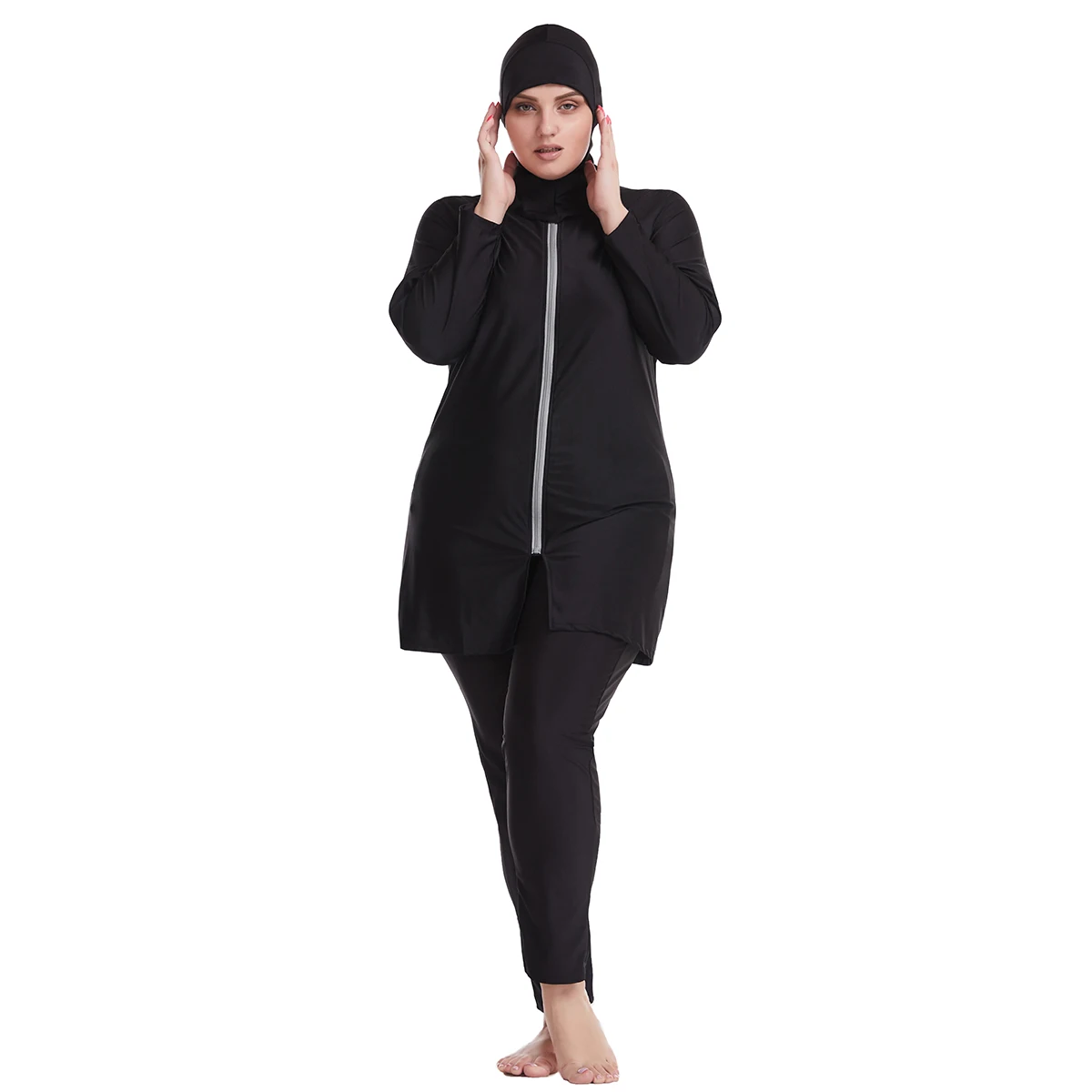 XL-6XL Plus Size Muslim Women Swimsuit Islamic Burkini for Ladies Modest Full Cover Quick Dry 3pcs/set Pure Color Front Zipper