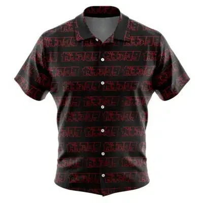 Black Background Red Pattern Full Printed Short Sleeved Shirt for Men