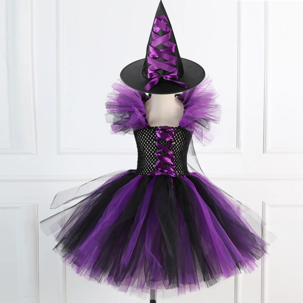 Verkleidung Hexen kostüm für Mädchen Halloween Tutu Knie Kleid Hut Besen Strumpfhosen Kinder Karneval Cosplay Party Outfit Kinder kleider