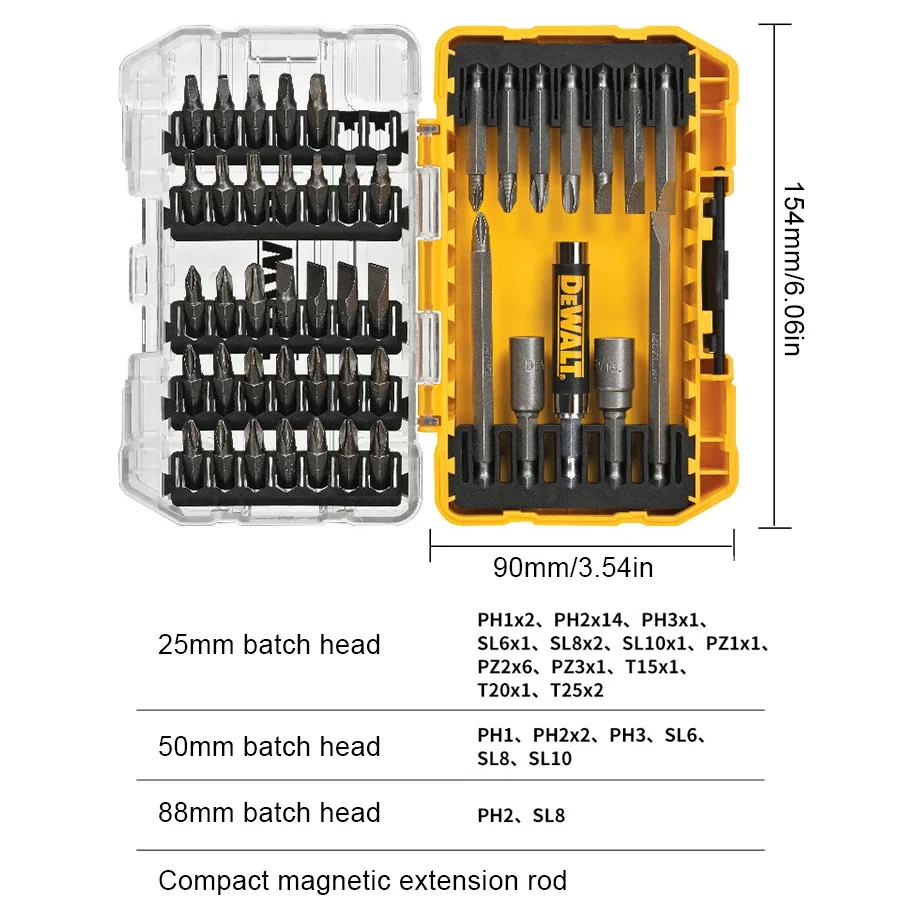 DEWALT DW2166 45-Piece Screwdriver Bit Set Steel Hex Shank Phillips Slotted Square Double-ended Bits with Tough Case