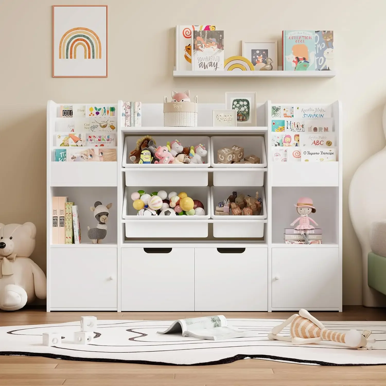 Grande organizador de armazenamento de brinquedos com 4 caixas de brinquedos, organizadores de brinquedos e armazenamento com 6 cubículos de armazenamento e 2 gavetas móveis