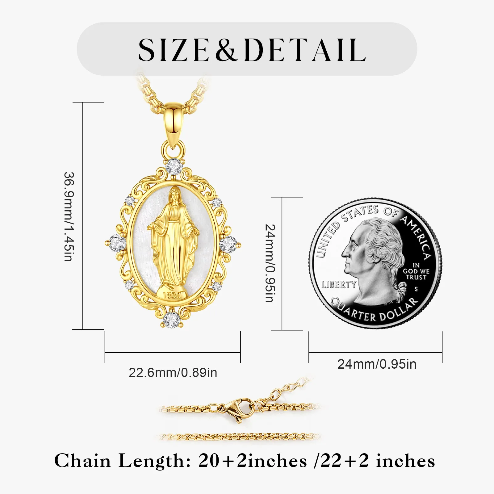 Eudora Copper White Mother of Pearl Virgin Mary Necklace for Woman Man Mother of God Medal Pendant Religious Jewelry Fine Gift