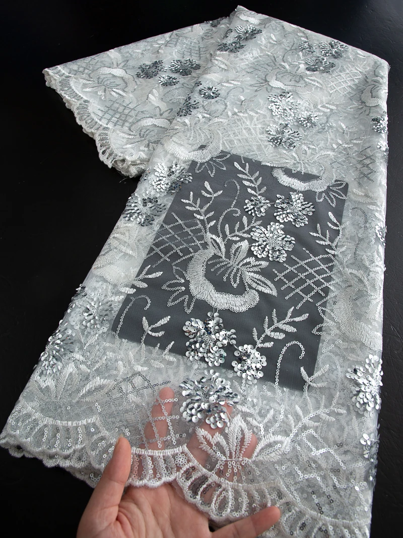 

Африканская французская сетчатая кружевная ткань, нигерийская вышитая блестками, молочная шелковая кружевная ткань, высокое качество для женских платьев, 2,5 ярда 4536