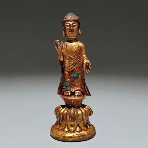 4.9'' Old China Dynasty Bronze Ware 24 K Gold Shakyamuni Amitabha Buddha Statue