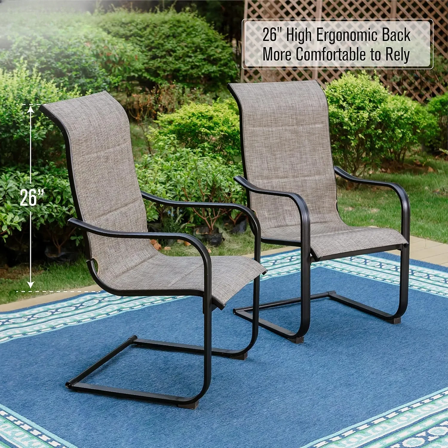 Outdoor C-Spring Dining Chairs Set of 4,Patio Sling High Back Springy Chairs with Padded Textilene Fabric&BlackMetalFrameDurable