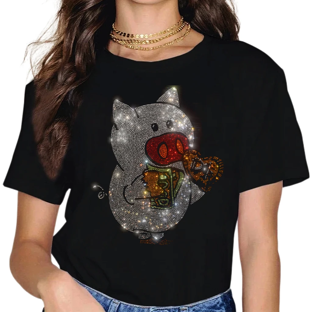 

hot women's short-sleeved T-shirts cotton summer diamond shiny girl tops Fashion stamping tees flash creative rhinestone T-shirt
