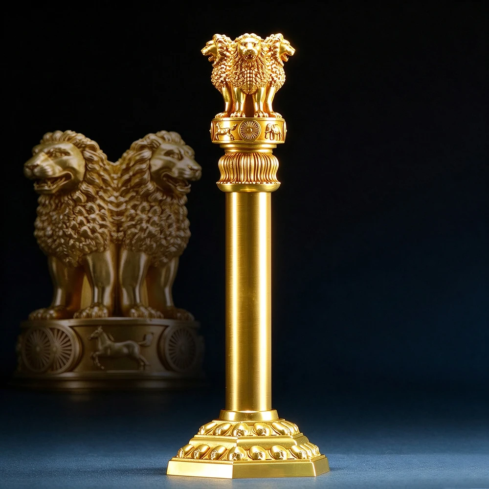 Full Copper Gilded Indian Ashoka Pillar, Carved Lion Elephant Horse Pillar Statue for Perpetual Dharma, Home Buddhist Ornament
