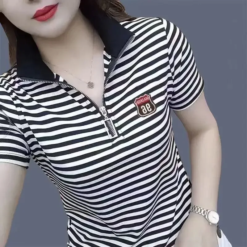 T-shirts Red Striped Women\'s Polo Baggy Clothing Trend 2025 Synthetic Summer Female Tee Youthful Elegant New Korean Cheap Tops