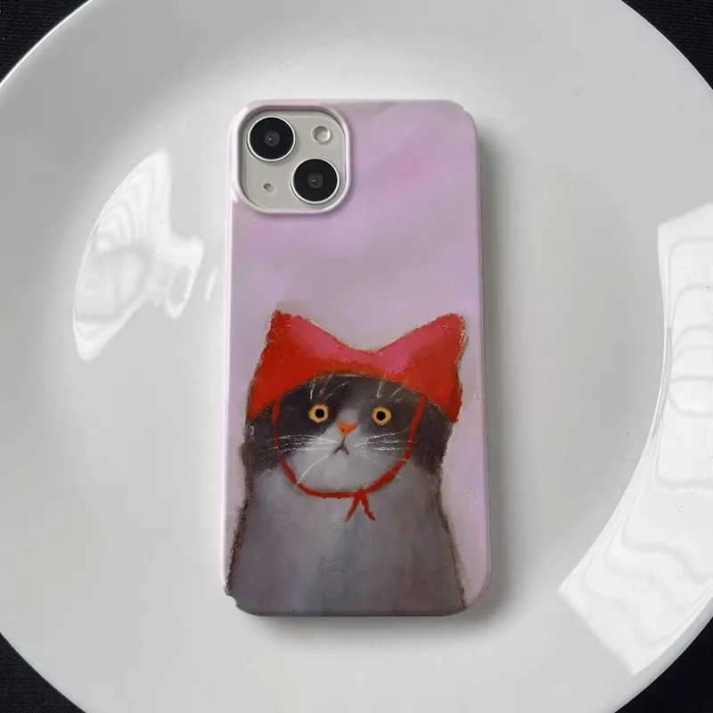 Painting Wearing Red Riding Hood Art Cat Phone Case for IPhone 15 14 11 12 13 Pro Max Korean Gothic Phone Case for IPhone XR X