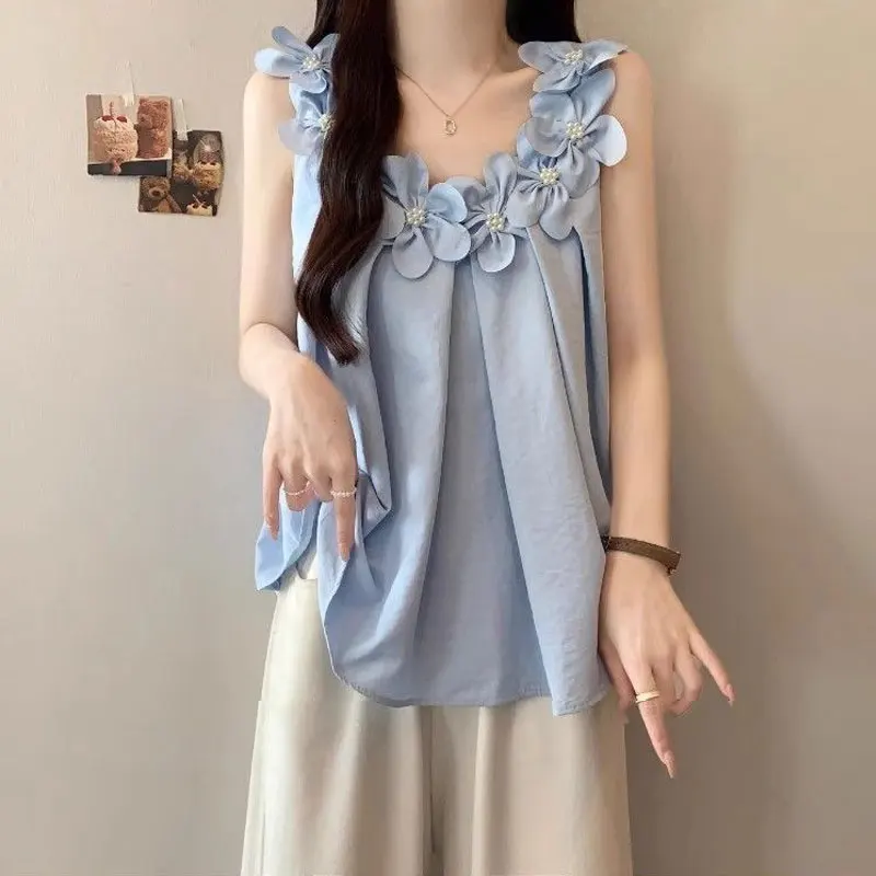 Vacation Style Flowers Shirts Women's Clothing Sleeveless Summer Fashion Three-dimensional Decoration Basic Solid Color Blouse