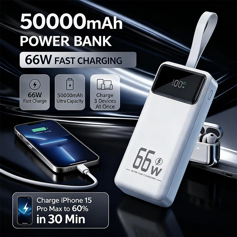 50000mAh tragbare Powerbank, 66W superschnelles tragbares Ladegerät, lädt 4 Geräte gleichzeitig, LED-Taschenlampe mit Trageriemen, Akkupack mit hoher Kapazität, kompatibel mit iOS und Android,