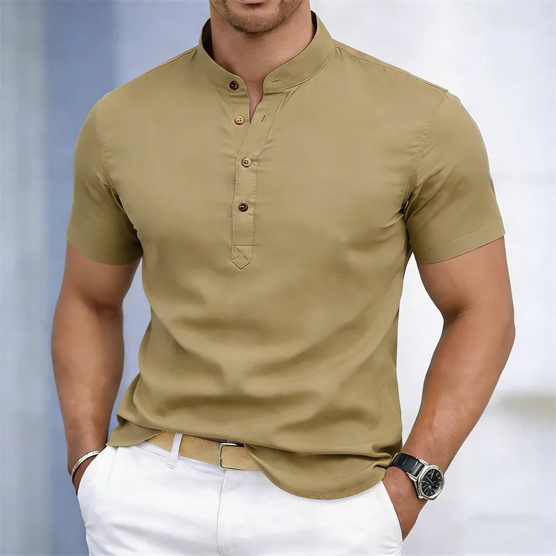 Men's Stand-up Collar Short-sleeved Shirt Polo Shirt, Slim Fit Business Casual Men's Fashion Men Shirts Hawaiian Shirt