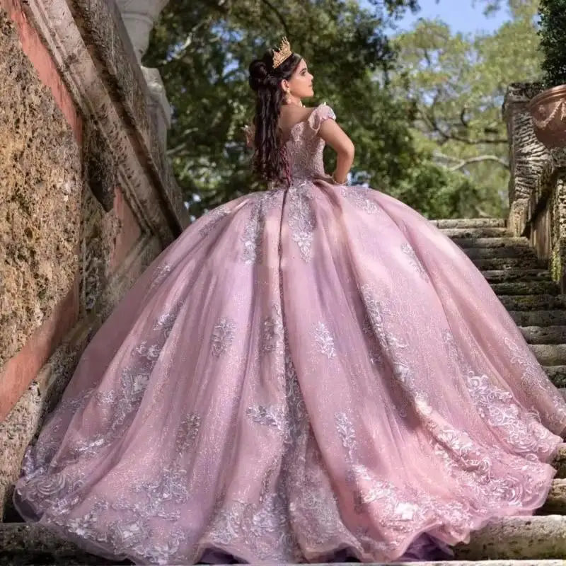 Maßgeschneidertes glänzendes rosa Quinceanera-Kleid, Prinzessin, Abschlussball, Ballkleid, süßes 16. XV-Jahre altes Miss-Geburtstags-Festzug-mexikanisches Kleid