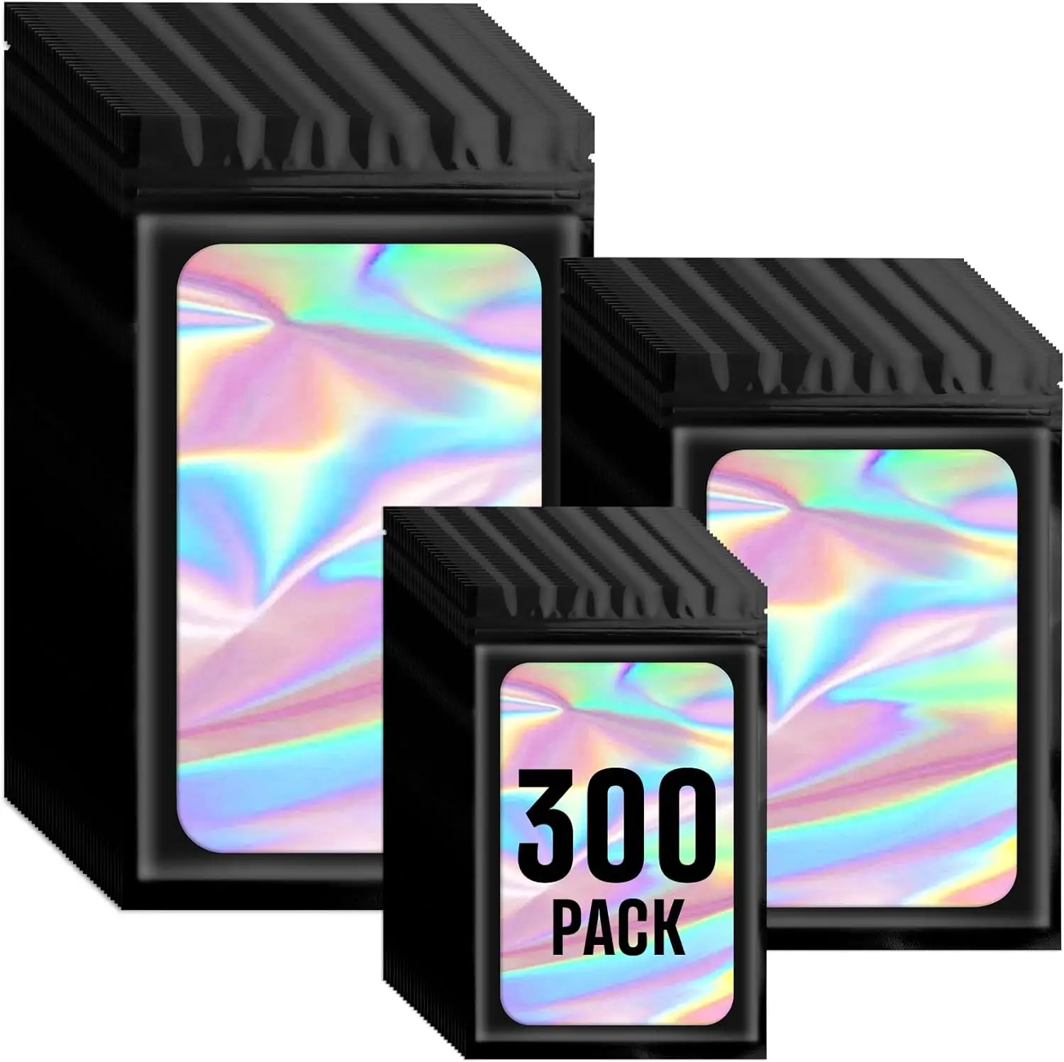 300 Pack 3 Size Mylar Holographic Bags with Clear Window,Resealable Bags Smell Proof Bags Sample,Small Business