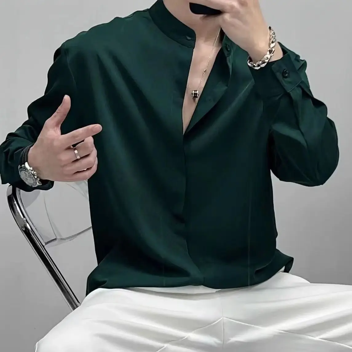 Men's Solid Color Stand Collar Long Sleeve Shirt Spring Autumn Loose Fit Casual Streetwear Tops