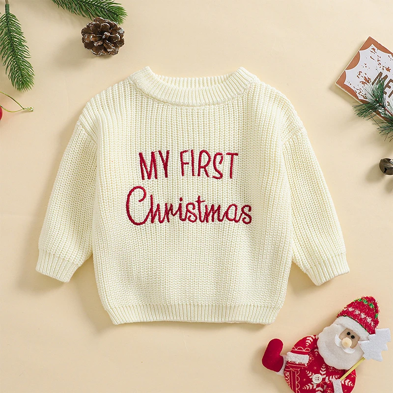 Baby First Christmas Sweaters Letter Embroidered Long Sleeve Round Neck Knitted Pullover Sweaters Infant Knitwear Tops