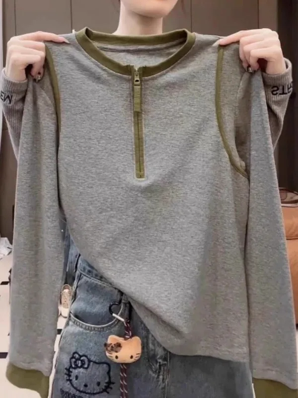 

Европейская женская футболка с круглым вырезом и молнией, свободного кроя, больших размеров, с эффектом похудения, в стиле колор-блок, базовая, тонкая, без рукавов