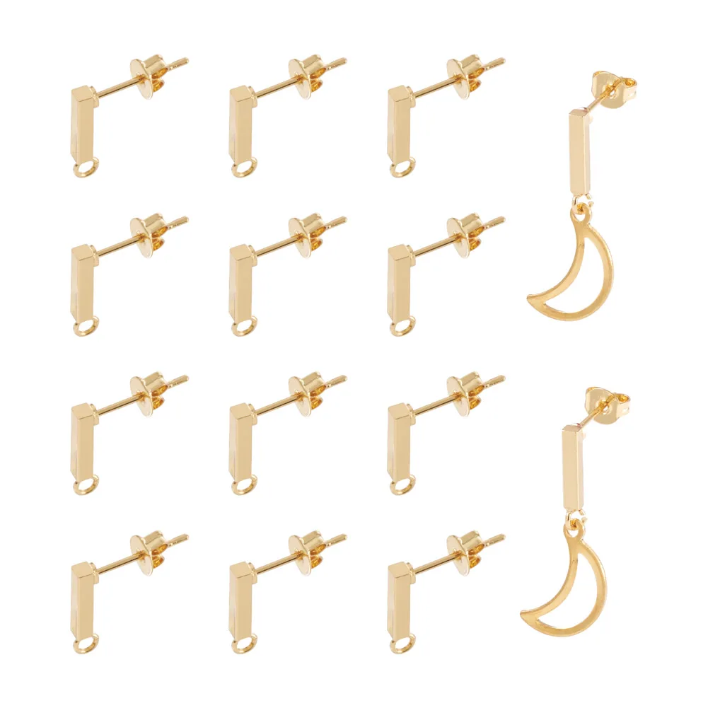 

10Pairs Brass Stud Earring Finding With Loop and Ear Nuts Strip Real 18K Gold Plated For Jewelry Making Accessories 13x2x2mm