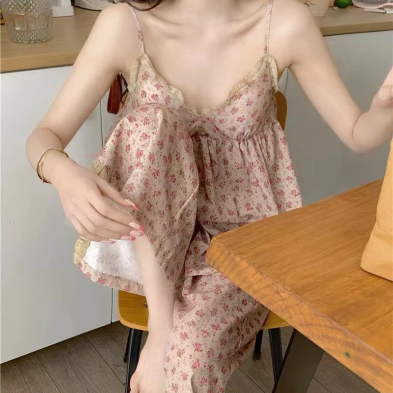 Women Summer Sleepwear Suit Dress Cotton Strap With Chest Pad Flounce Bow Pants Comfortable Home Dresses Lovely Flower Pajamas