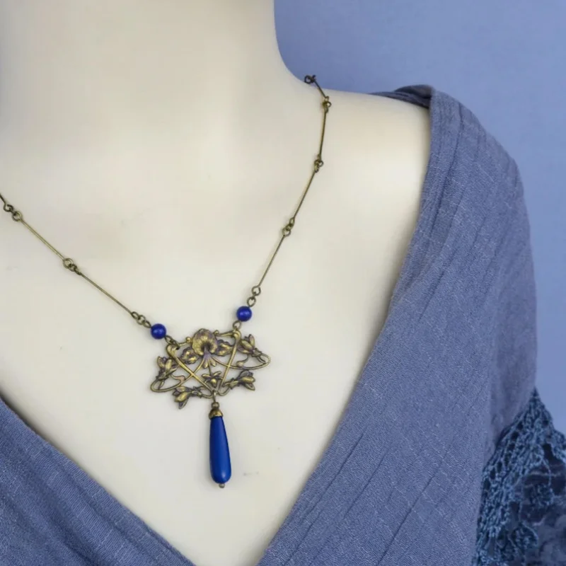 3 قطعة قطرات خمر أنيقة نمط فو اللازورد سبيكة الأزرق اللون قلادة قلادة 50 + 5 سنتيمتر أقراط 4 سنتيمتر مجموعة #2