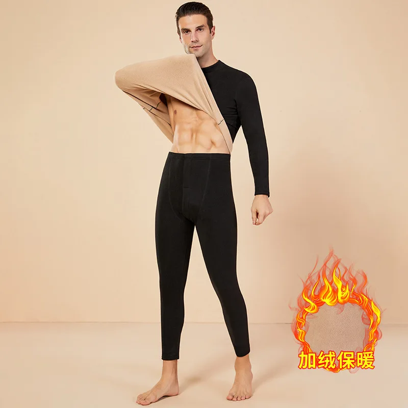 Men's Autumn Winter Thermal Underwear Suit Lamb Wool Fleece Lined Thickened Warm Heat Long Sleeve And Pants Two Piece Set