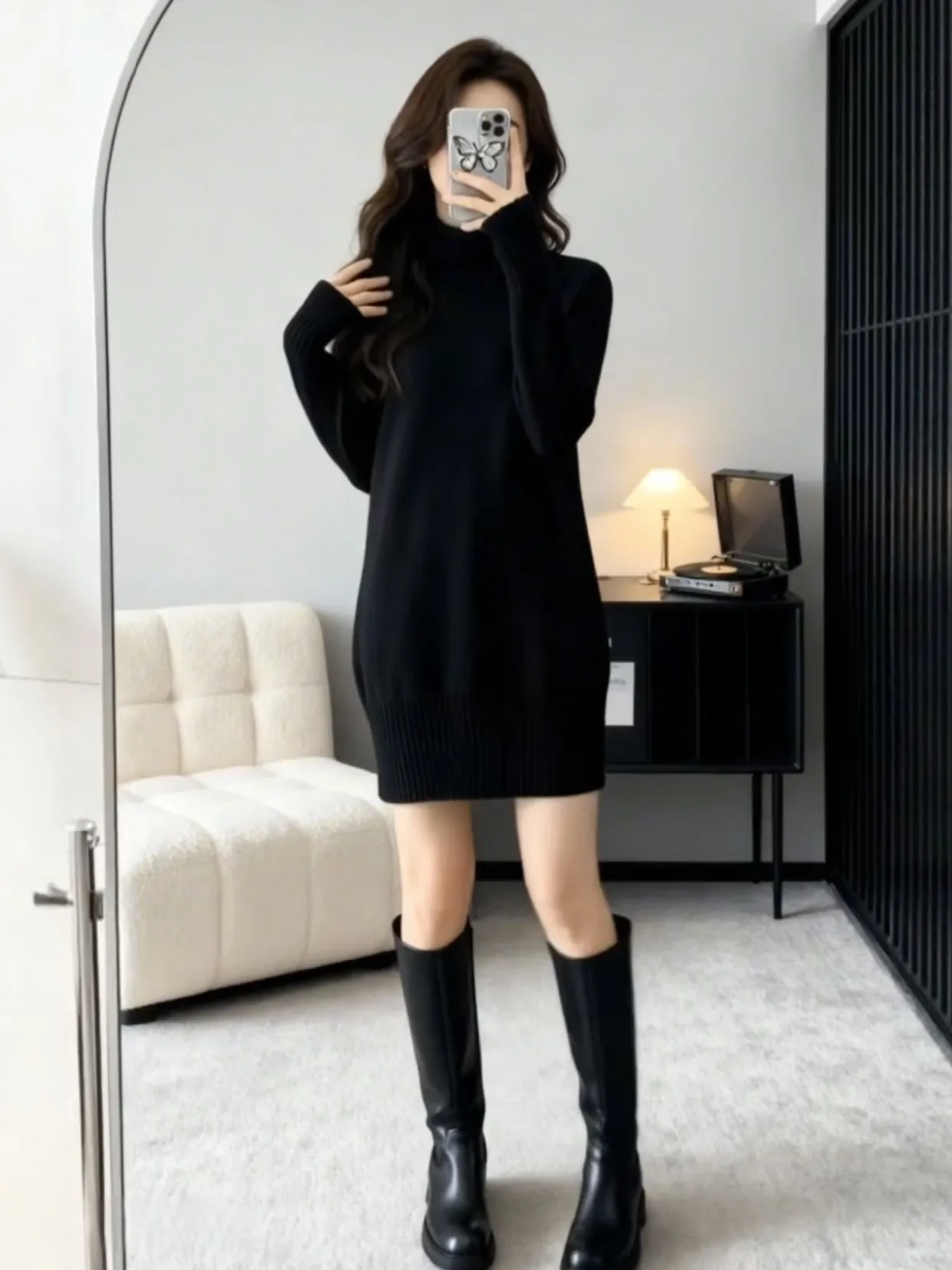 

Вязаное платье-свитер с высоким воротом в стиле Lazy Style для полных женщин, черное, утягивающее, базовый слой, осень-зима