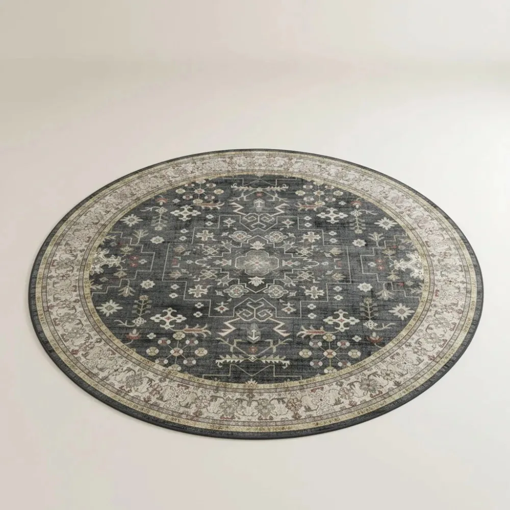 

Washable 4ft Round Rug Non-Slip Low Pile - Black Boho Carpet for Living Room Kitchen Entryway