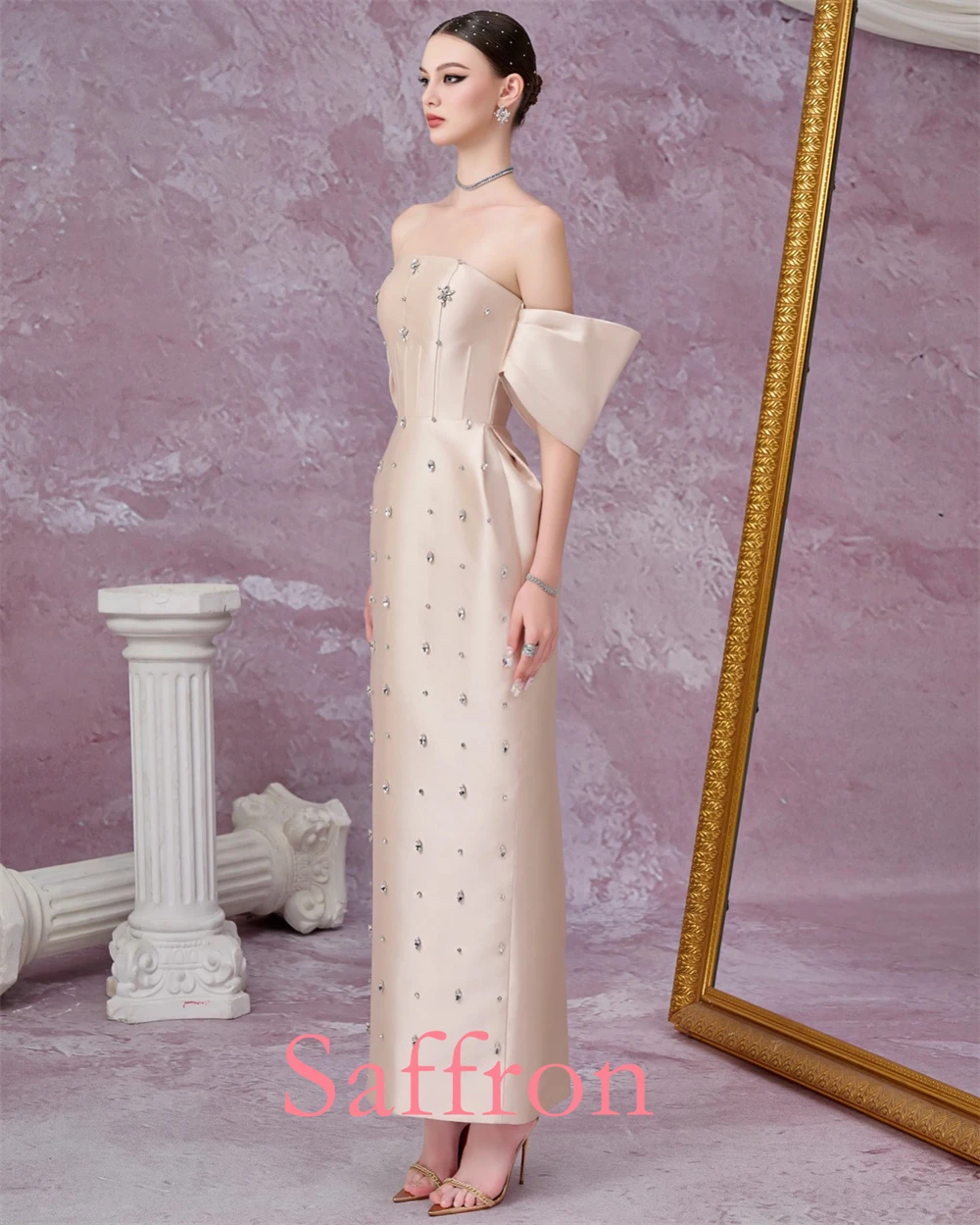 사용자 정의 절묘한 크리스탈 이브닝 드레스 기질 스트레이트 백 슬릿 연예인 가운 섬세한 분리형 슬리브 파티 드레스