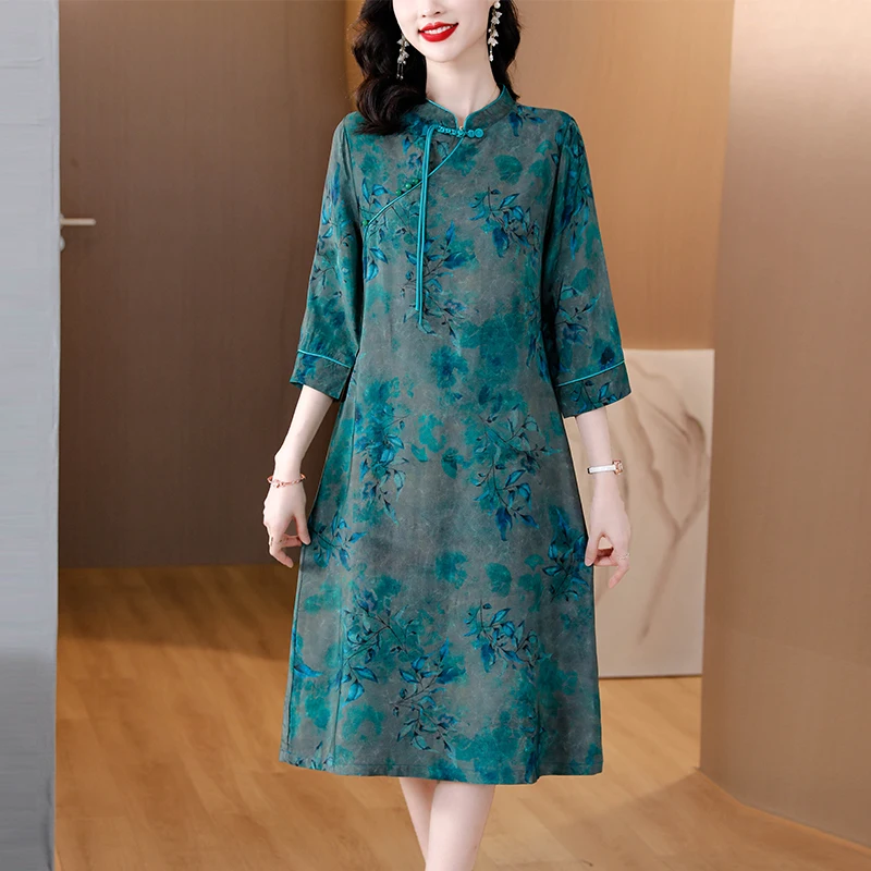 2023 New Fashion Xiangyun Yarn Dress Women's Autumn Versatile Improved Qipao 7/4 Sleeves Loose Fit Casual Holiday Dress Vesidos