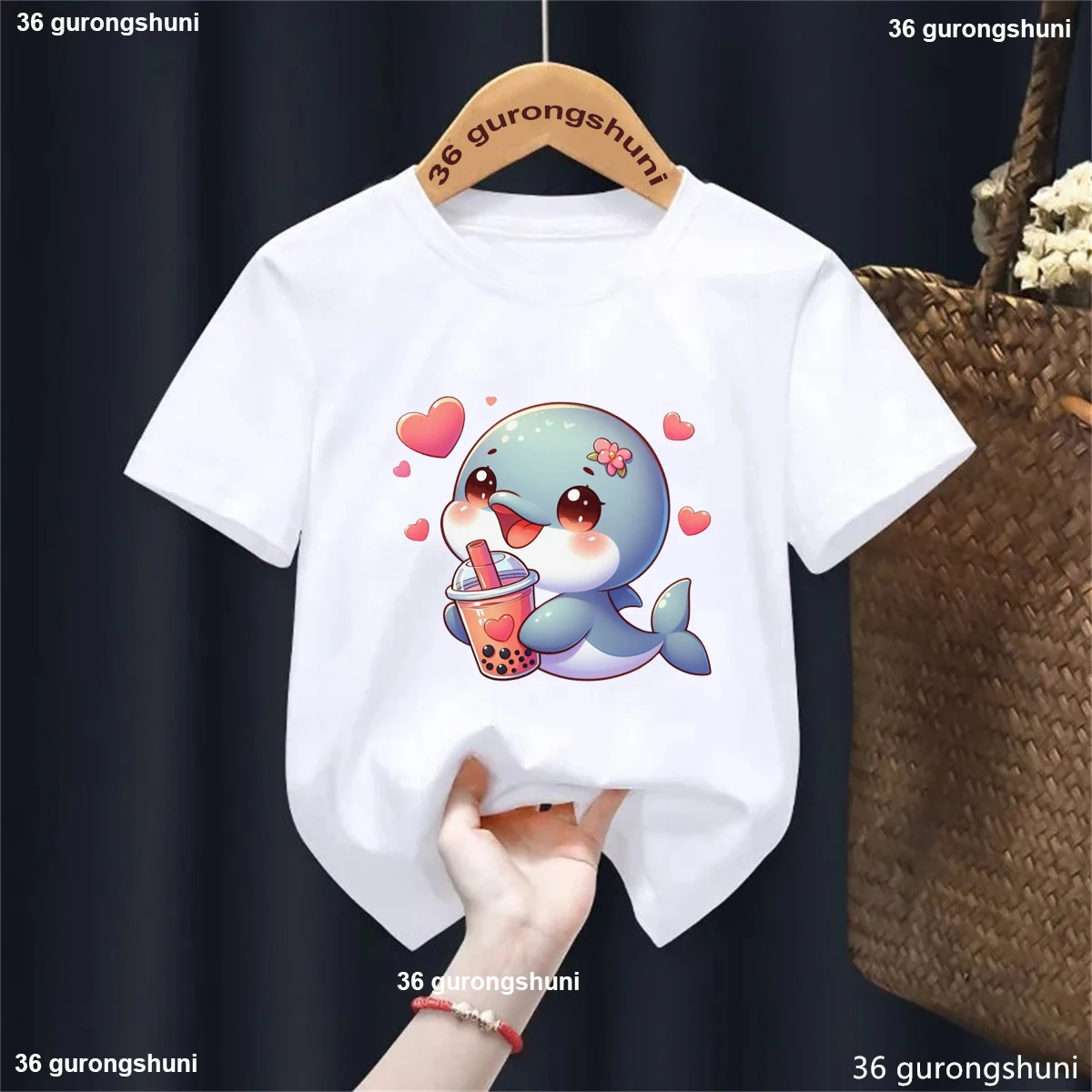 Dolphins Love Milk Tea Printed T Shirt Girls/Boys Funny Kawaii Kids Clothes Fashion Short Sleeve Tshirt White/Pink/Blue T-Shirt