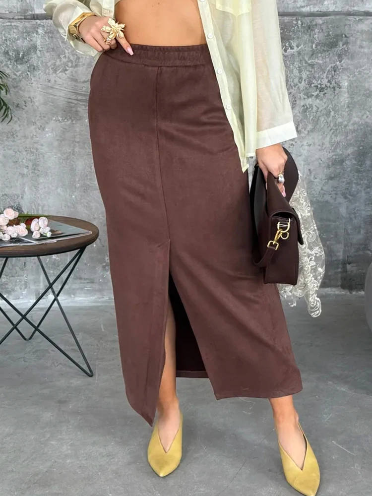 

Trendix, осенняя замшевая юбка для женщин, осень 2022, уличная мода, длинные юбки с разрезом, вечерние ретро-юбки с высокой талией, винтажная юбка Femme