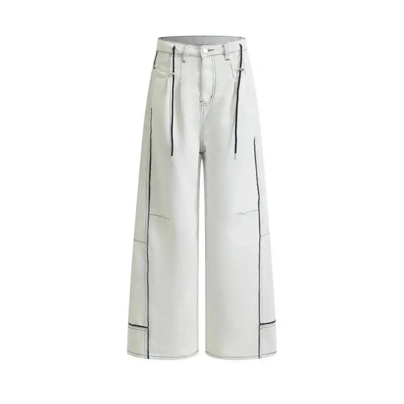 Novos Jeans Masculinos Cinza e Branco com Design Curvo e Perna Larga, Cintura com Cordão, Denim Colorblock, Calças Longas MFY8
