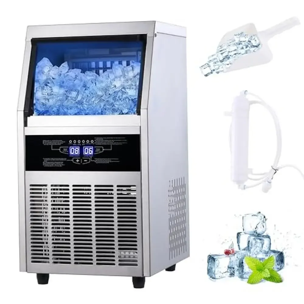 Commercial Ice Maker Machine 120 LBS/24H with 28LBS Storage Bin Stainless Steel Construction Automatic Cleaning Function High