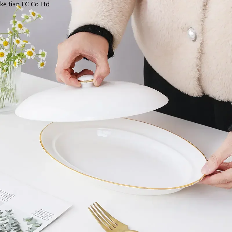 Plate Juice Abalone Dish Sea Ceramic Cucumber Dinnerware with Hotel Lid Dishes Restaurant Steamed Fish Plate Oval