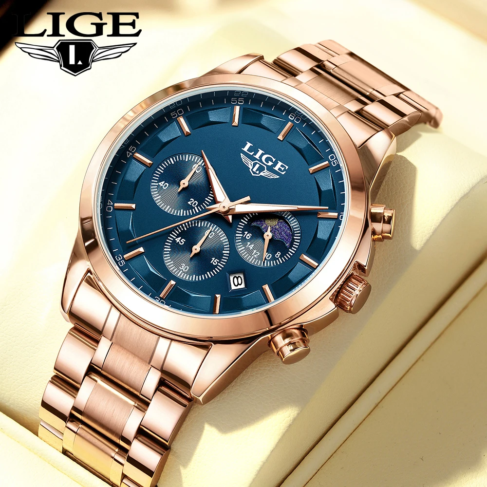 

LIGE Men Quartz Watch Luxury Sports Waterproof Chronograph Luminous Date Man Wristwatch Business Stainless Men's Watches Clock