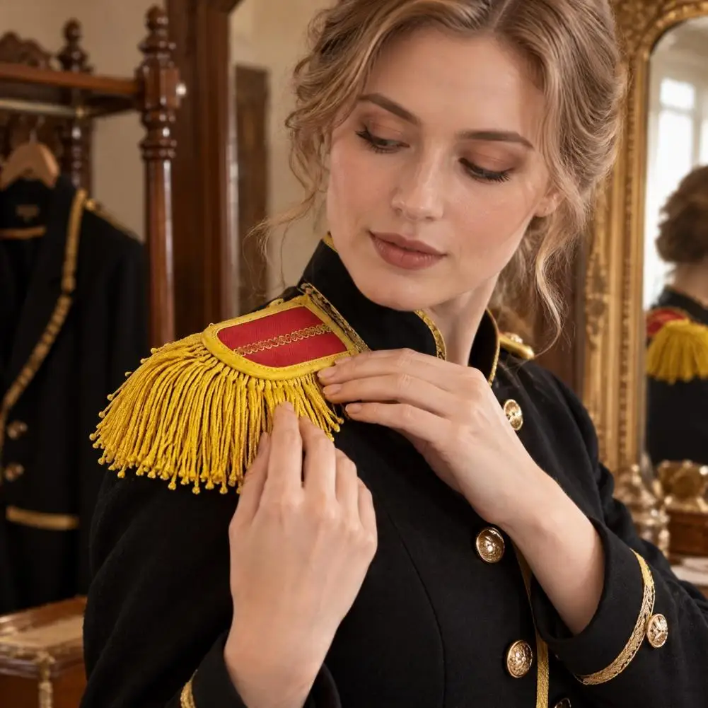 1 Pair Vintage Epaulettes, Red Blue Gold Textured Fringe Shoulder Pads For Cosplay Uniforms And Halloween Stage Costumes