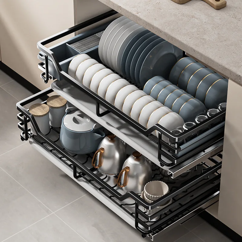 

Pull Basket Kitchen Cabinet Double Layer 304 Stainless Steel Drawer Type Bowl Basket Kitchen Cabinet Seasoning